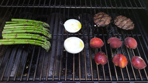 Grilled Burgers, Asparagus and Peaches easy Dinner
